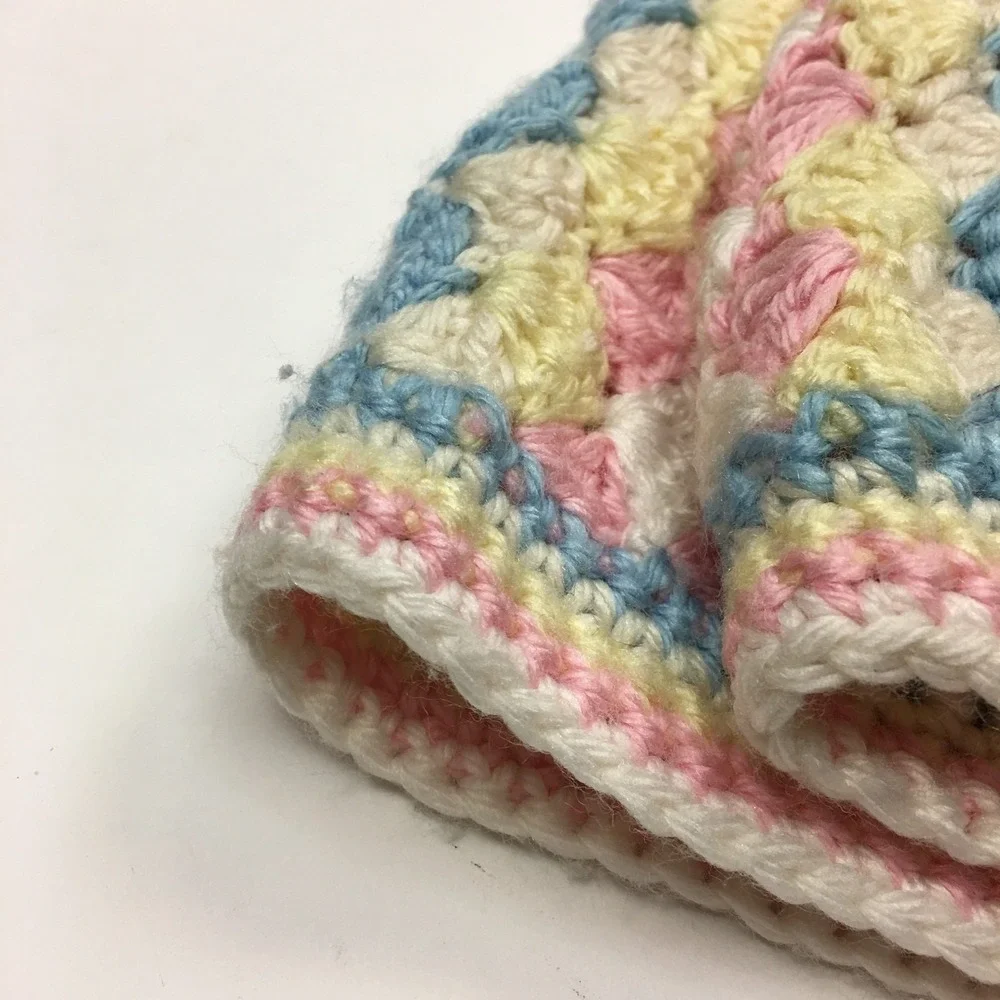 Pastel White Yellow Blue Pink Baby Blanket Lap Afghan Crocheted 35‎ x 44 inches